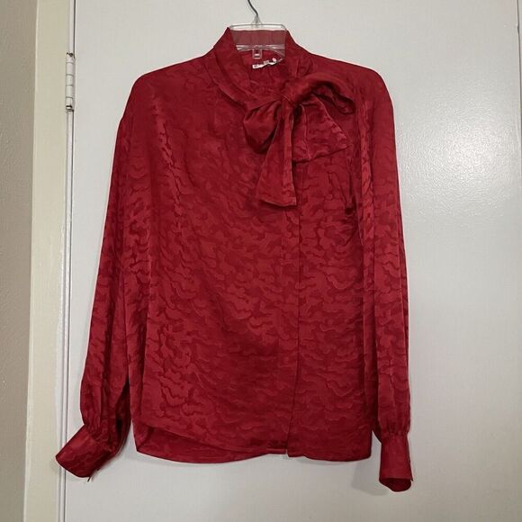 Vintage 1970 Yves Saint Laurent Rive Gauche Red silk button front bow blouse 36 - Picture 1 of 9